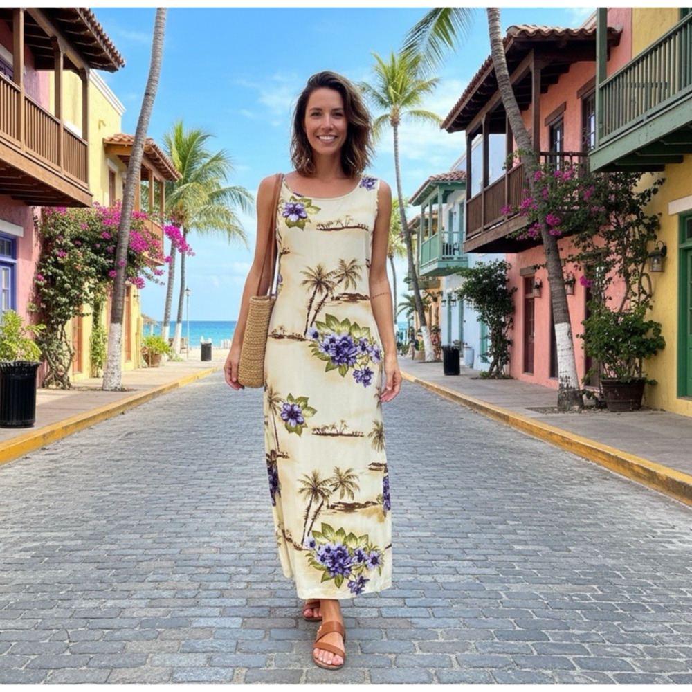 Jane Ashley Hawaiian Maxi Dress Tropical Floral Palm Tree Sleeveless Size M
